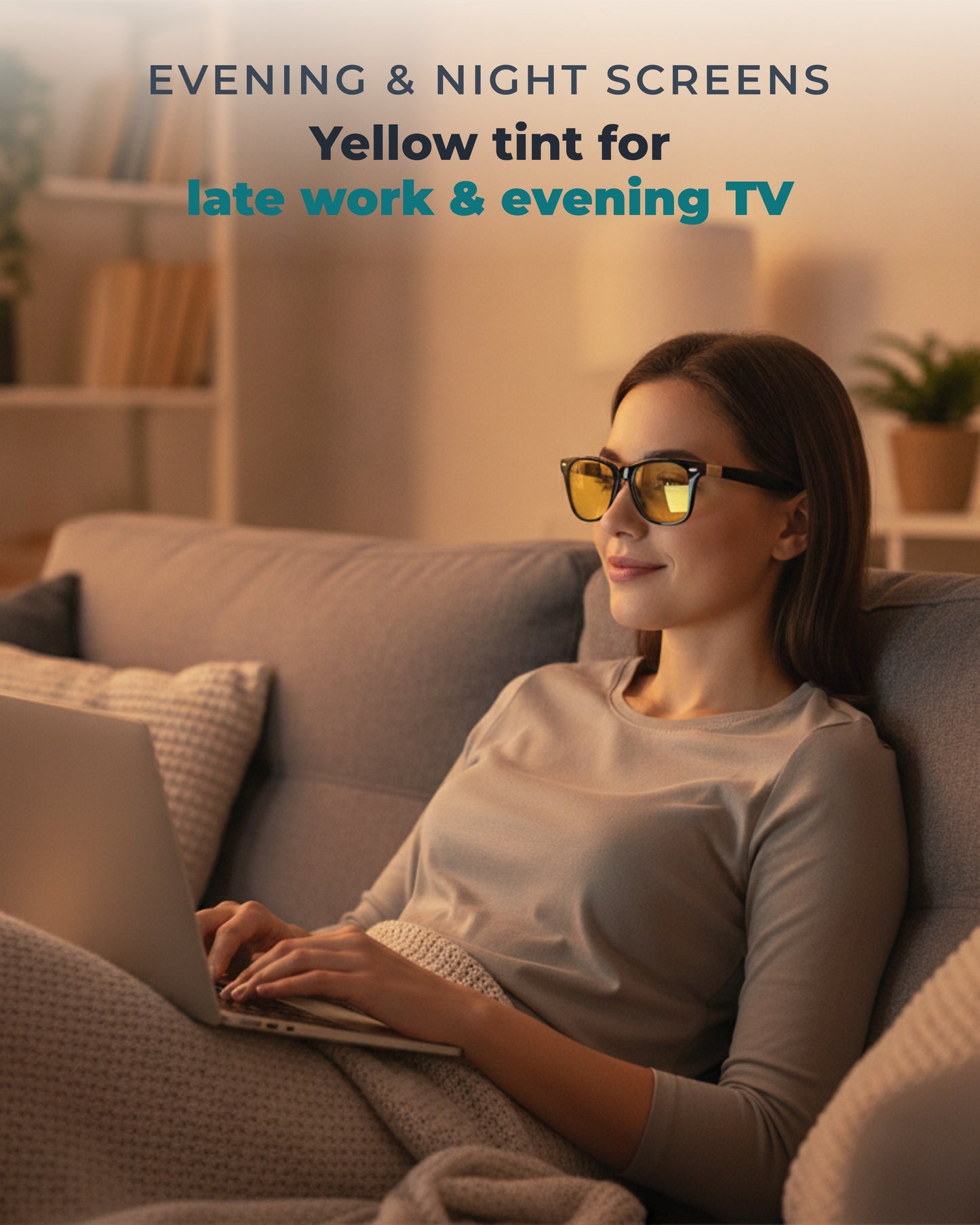 Woman wearing PROSPEK Ultimate S221 yellow lens glasses for late work and evening TV